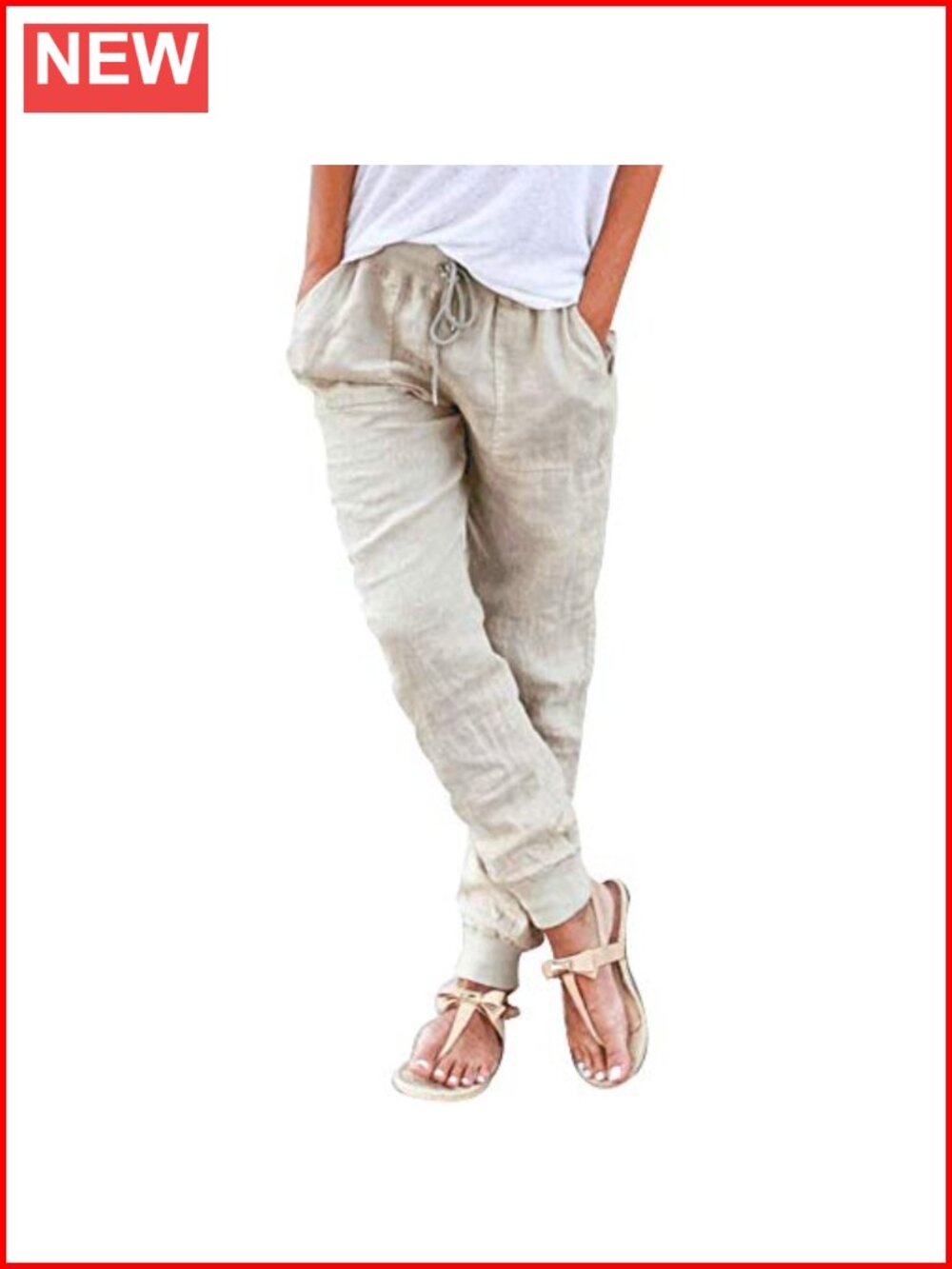 Women Cotton Linen Tapered Pants Casual Beach Summer Petite